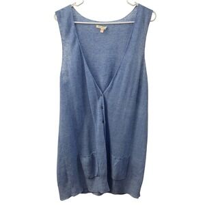 EILEEN FISHER Blue Linen Knit Button Front Long Vest Cardigan Women's M Beach